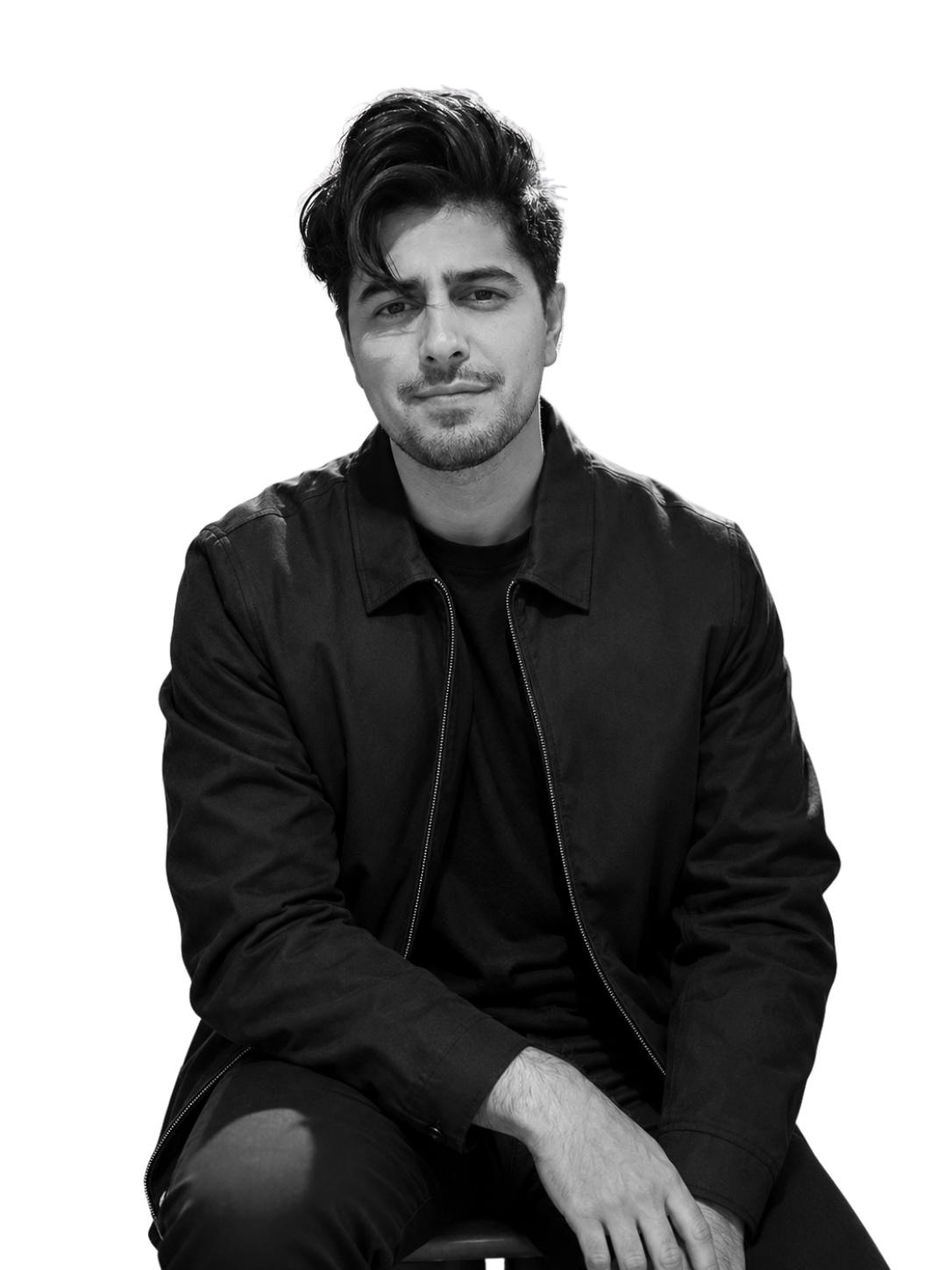 Professional black-and-white studio portrait of Alman Nusrat